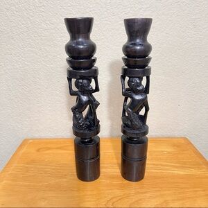 Vintage African Ebony Wood Hand Carved Candles Holder